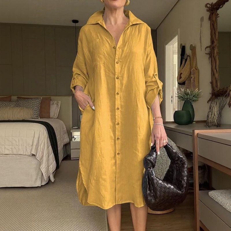 Vestido Chemise Mídi Lisboa™ em Linho de Algodão com Gola Alta Chique / A Peça-Curinga da Mulher Moderna!