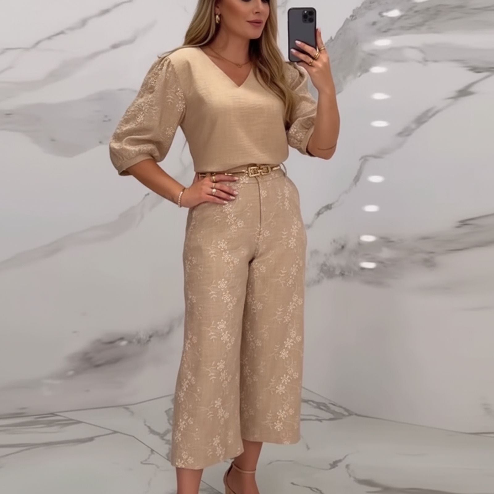 Conjunto Gaia™ em Linho Misto Floral com Toque Artesanal / O Luxo do Simples Feito com Arte!