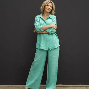 Conjunto Costa Serena™ em Linho de Algodão / Camisa Solta & Pantalona Ampla que Transmitem Leveza!