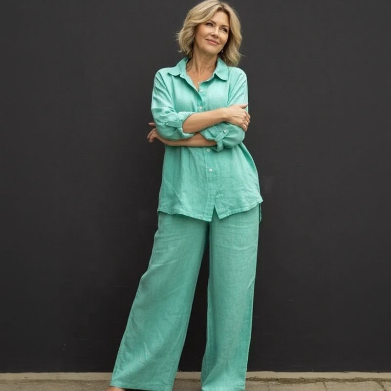 Conjunto Costa Serena™ em Linho de Algodão / Camisa Solta & Pantalona Ampla que Transmitem Leveza!