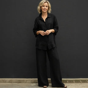 Conjunto Costa Serena™ em Linho de Algodão / Camisa Solta & Pantalona Ampla que Transmitem Leveza!