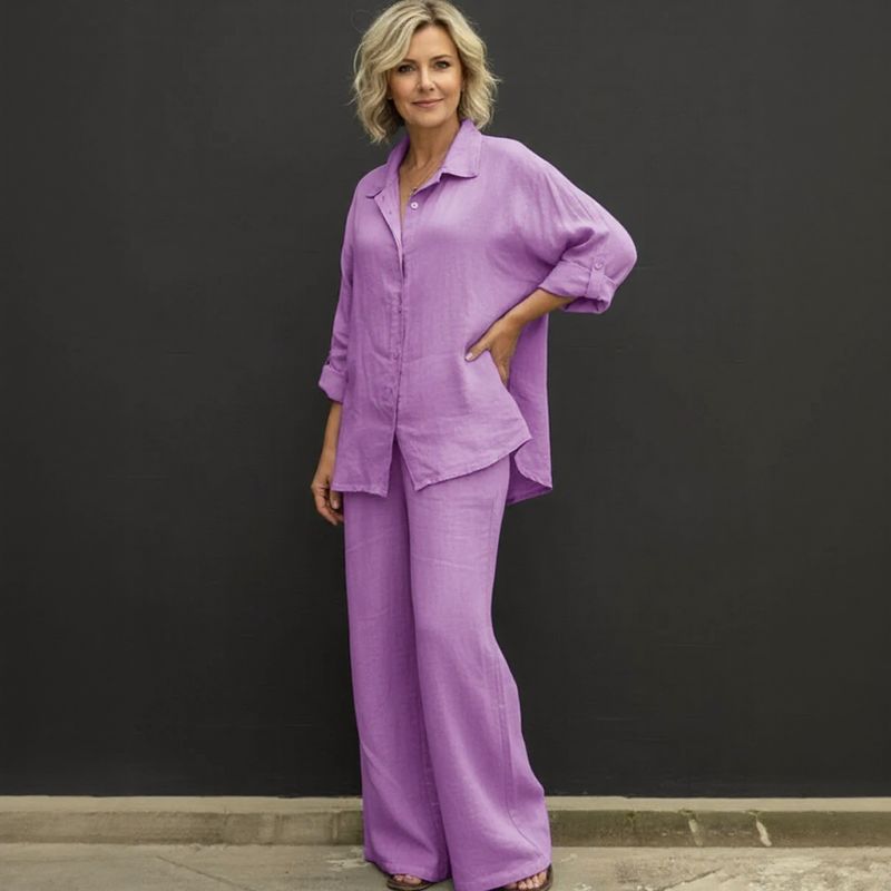 Conjunto Costa Serena™ em Linho de Algodão / Camisa Solta & Pantalona Ampla que Transmitem Leveza!