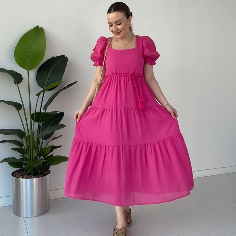 Vestido Elena D’Amore™ em Viscose Texturizada com Mangas Bufantes / Leveza, Charme e Feminilidade em Cada Movimento