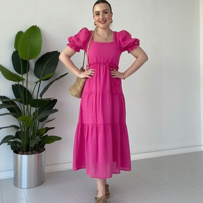 Vestido Elena D’Amore™ em Viscose Texturizada com Mangas Bufantes / Leveza, Charme e Feminilidade em Cada Movimento