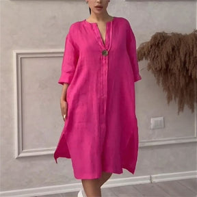 Vestido Copacabana™ em Linho de Algodão com Modelagem Solta / Elegância Tropical com Toque de Sofisticação Carioca!