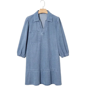 Vestido Jeans Madalena™ com Gola Lapela e Manga Bufante / O Clássico Renovado com Conforto e Feminilidade